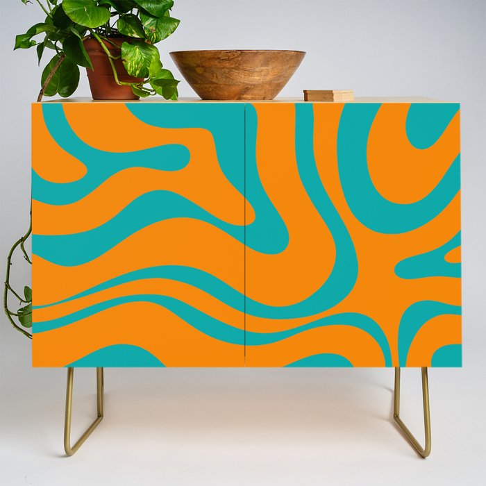 Retro Modern Liquid Swirl Abstract Pattern Square in Turquoise and Orange Credenza Gallery Image 1