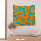 Retro Modern Liquid Swirl Abstract Pattern Square in Turquoise and Orange Wall Tapestry Gallery Image 2