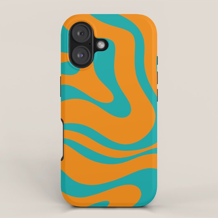 Retro Modern Liquid Swirl Abstract Pattern Square in Turquoise and Orange iPhone Case Gallery Image 1