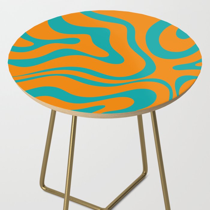 Retro Modern Liquid Swirl Abstract Pattern Square in Turquoise and Orange Side Table Gallery Image 2