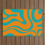 Retro Modern Liquid Swirl Abstract Pattern Square in Turquoise and Orange Outdoor Rug Gallery Image 1
