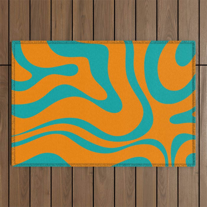 Retro Modern Liquid Swirl Abstract Pattern Square in Turquoise and Orange Outdoor Rug Gallery Image 1
