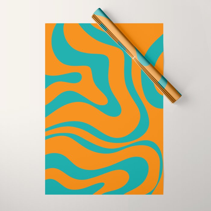 Retro Modern Liquid Swirl Abstract Pattern Square in Turquoise and Orange Wrapping Paper Gallery Image 1
