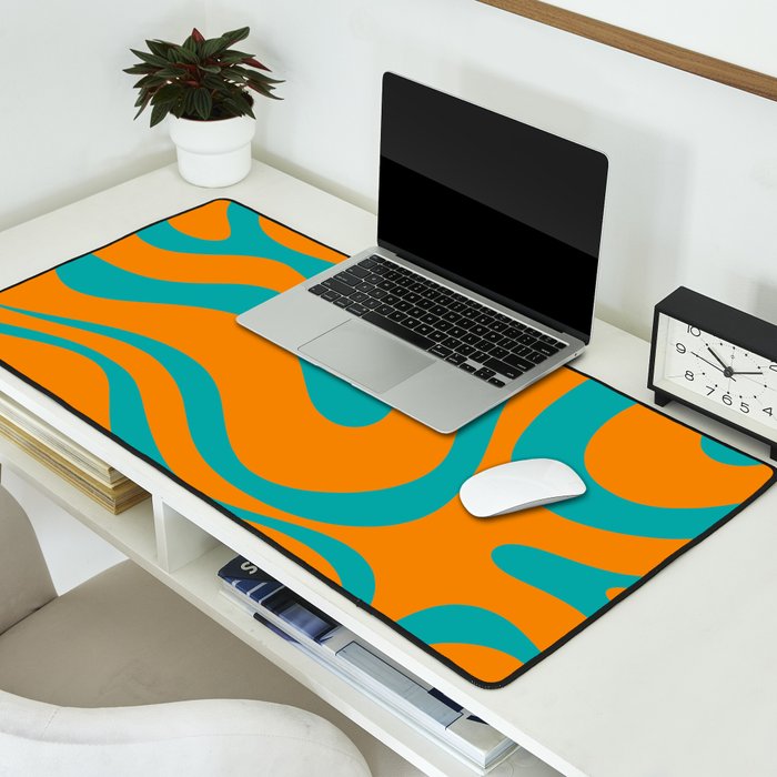 Retro Modern Liquid Swirl Abstract Pattern Square in Turquoise and Orange Desk Mat Gallery Image 2