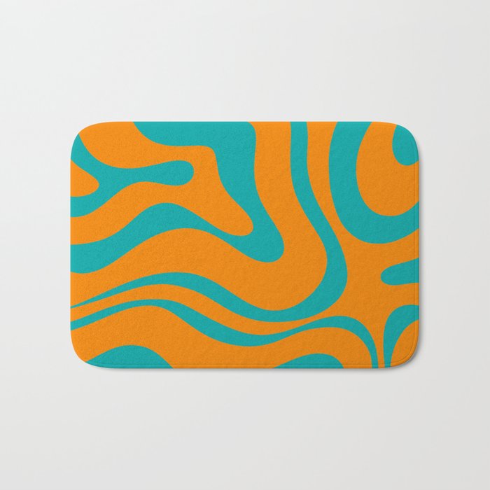 Retro Modern Liquid Swirl Abstract Pattern Square in Turquoise and Orange Bath Mat Gallery Image 1
