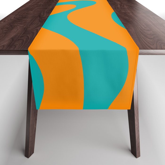 Retro Modern Liquid Swirl Abstract Pattern Square in Turquoise and Orange Table Runner Gallery Image 1