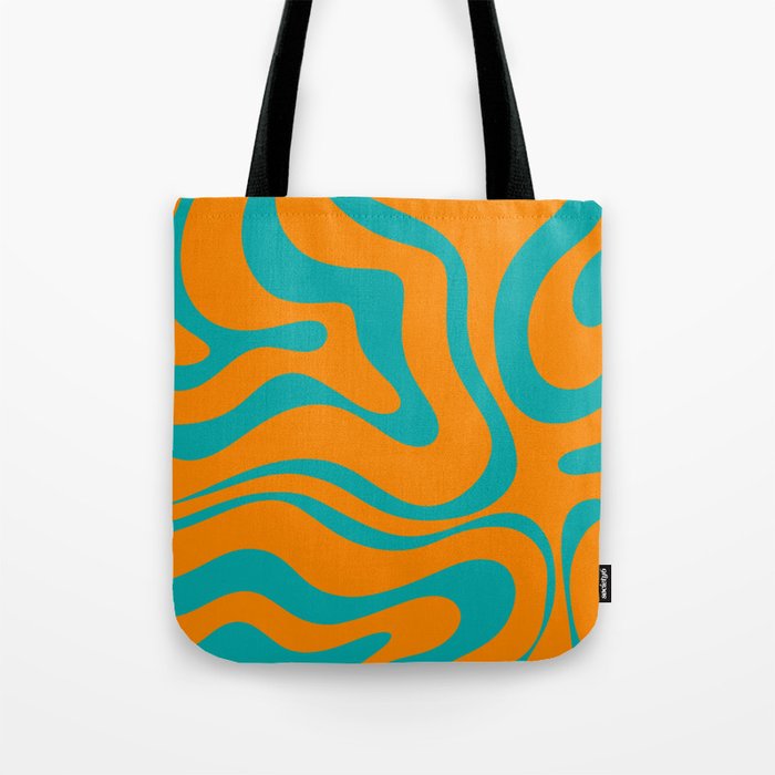 Retro Modern Liquid Swirl Abstract Pattern Square in Turquoise and Orange Tote Bag Gallery Image 1