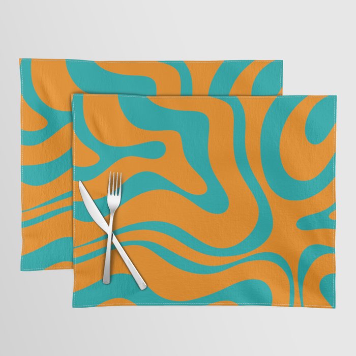 Retro Modern Liquid Swirl Abstract Pattern Square in Turquoise and Orange Placemat Gallery Image 1