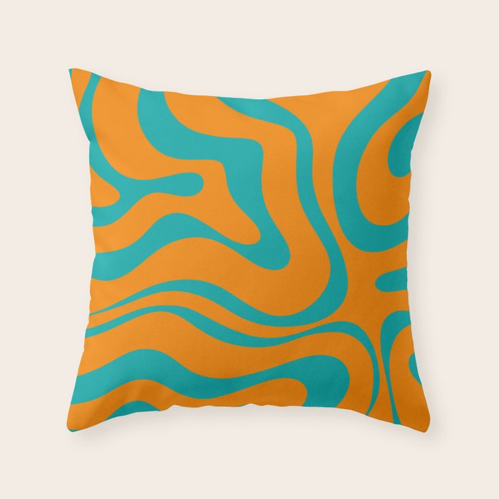 Retro Modern Liquid Swirl Abstract Pattern Square in Turquoise and Orange Throw Pillow Gallery Image 6