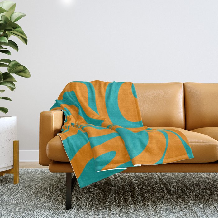 Retro Modern Liquid Swirl Abstract Pattern Square in Turquoise and Orange Throw Blanket Gallery Image 1