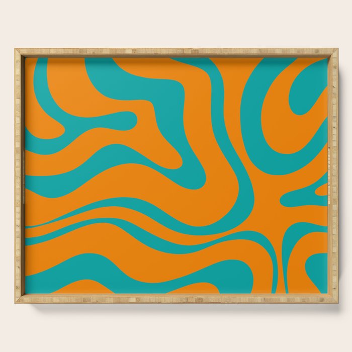 Retro Modern Liquid Swirl Abstract Pattern Square in Turquoise and Orange Serving Tray Gallery Image 1