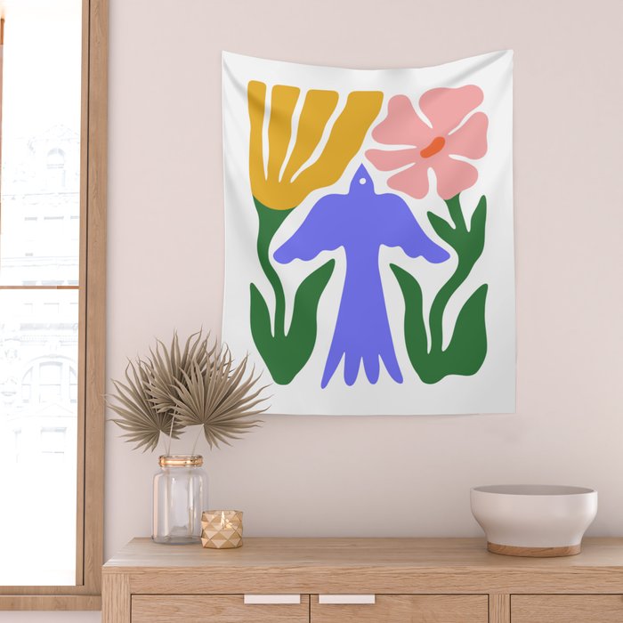 Abstract colorful flower bird nature art Wall Tapestry Gallery Image 2