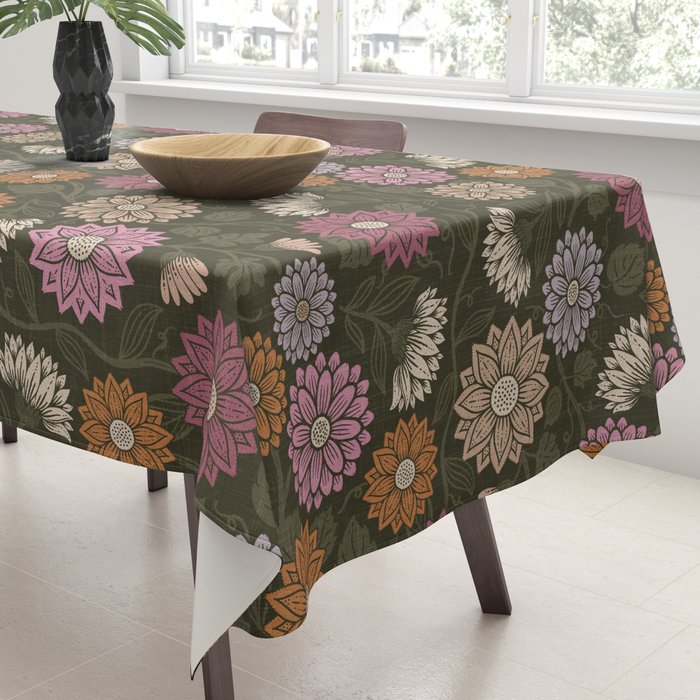 Mums and Vines Floral Mauve Olive and Rust Tablecloth Gallery Image 3