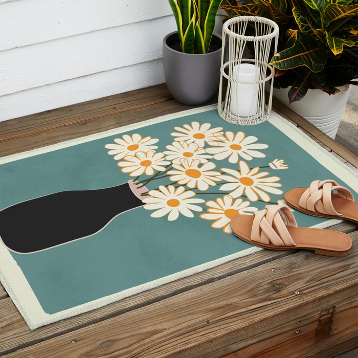 White Daisy Bouquet in Vase No. 1 Outdoor Rug Gallery Image 2