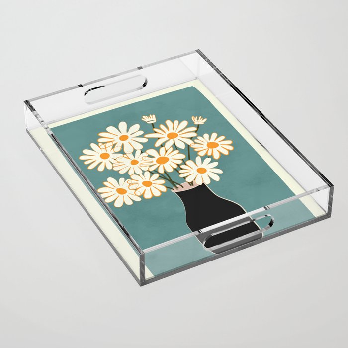 White Daisy Bouquet in Vase No. 1 Acrylic Tray Gallery Image 1