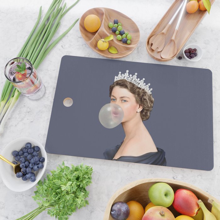 Queen Elizabeth in blue satin blowing a bubble gum Cutting Board Gallery Image 2