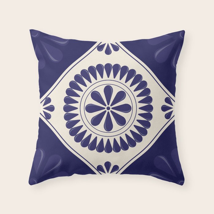 Mexican Talavera Blue Floral Tile by Akbaly Throw Pillow Gallery Image 1