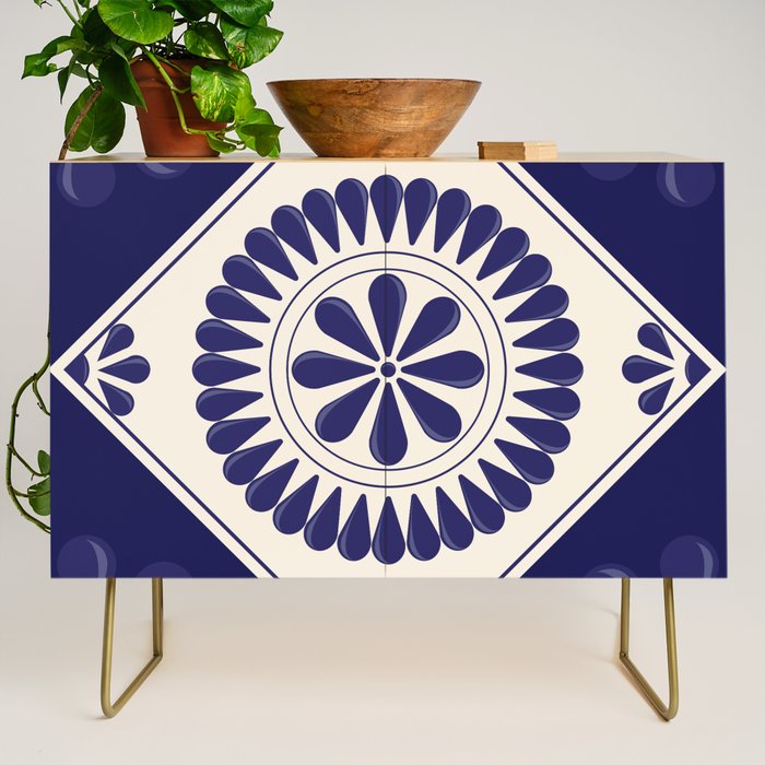 Mexican Talavera Blue Floral Tile by Akbaly Credenza Gallery Image 1