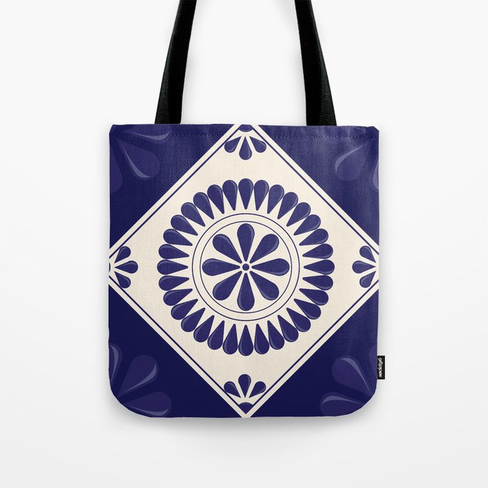 Mexican Talavera Blue Floral Tile by Akbaly Tote Bag Gallery Image 1