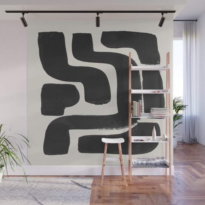 Black Ink Paint Brush Strokes Abstract Organic Pattern Mid Century Style Wall Mural Gallery Image 1