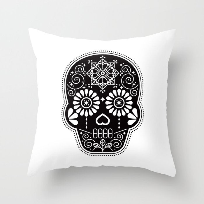 DÃ­a de Muertos Calavera â¢ Mexican Sugar Skull - Black Palette Throw Pillow Gallery Image 6