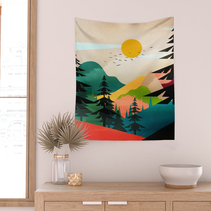 Colorful Morning in the Mountain Forest Wall Tapestry Gallery Image 2