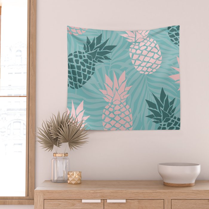 Summer, Pineapple Art, Pink, Turquoise, Teal Wall Tapestry Gallery Image 2