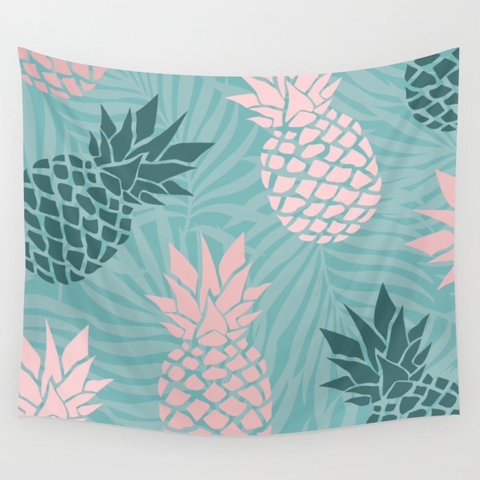 Summer, Pineapple Art, Pink, Turquoise, Teal Wall Tapestry Gallery Image 4