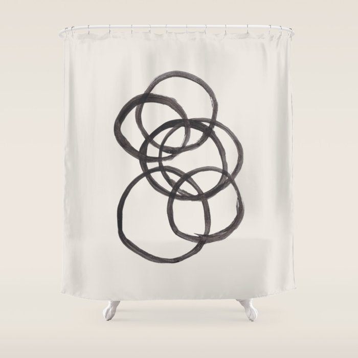 Bubble Rings Minimalist Modern Mid Century Black Ink Spirals Funky Nesting Rings Shower Curtain Gallery Image 1