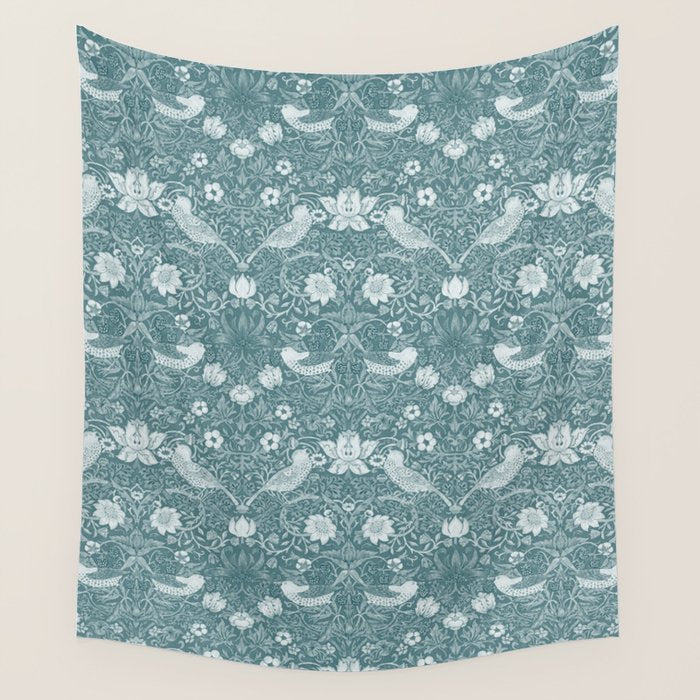 William Morris Strawberry Thief Soft Teal Wall Tapestry Gallery Image 1