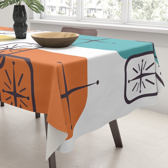 Mid Century Modern White Yellow Orange Blue Tablecloth Gallery Image 3