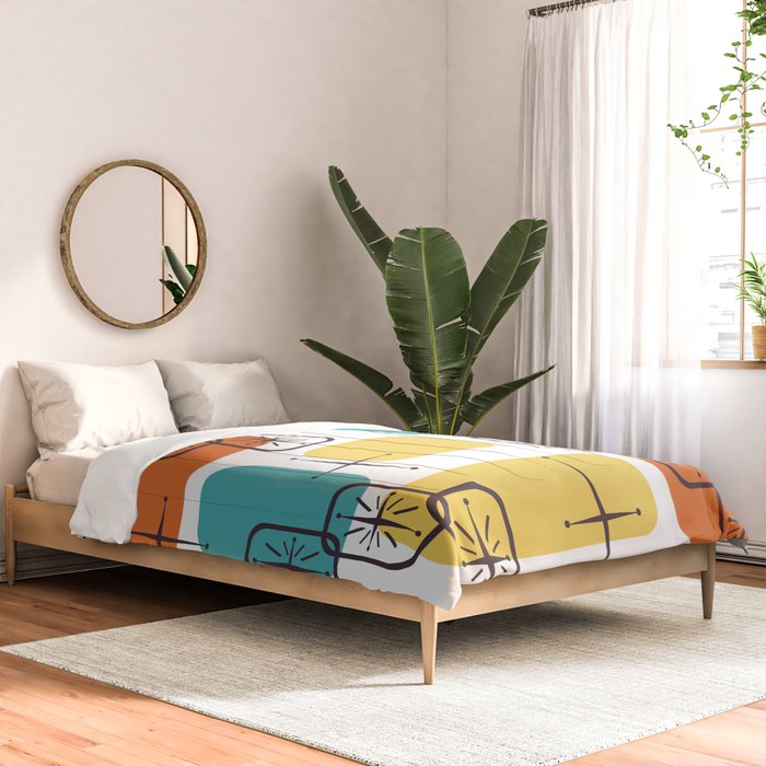 Mid Century Modern White Yellow Orange Blue Comforter Gallery Image 2