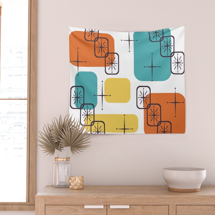 Mid Century Modern White Yellow Orange Blue Wall Tapestry Gallery Image 2
