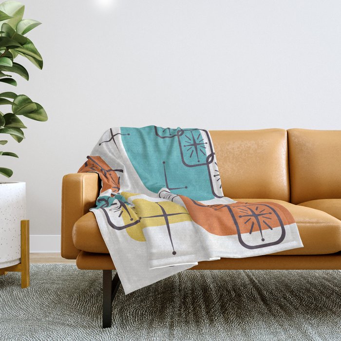 Mid Century Modern White Yellow Orange Blue Throw Blanket Gallery Image 1