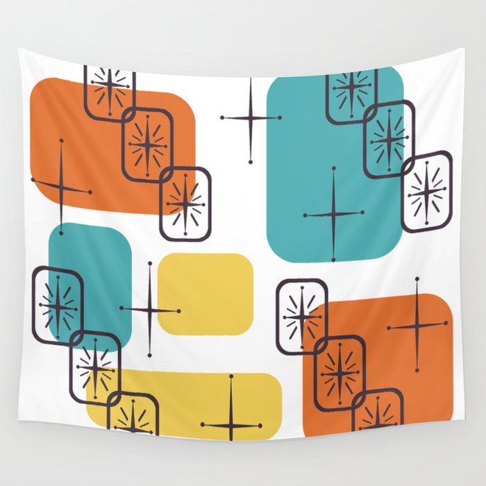 Mid Century Modern White Yellow Orange Blue Wall Tapestry Gallery Image 4