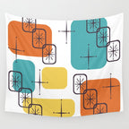 Mid Century Modern White Yellow Orange Blue Wall Tapestry Gallery Image 4