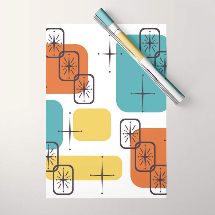 Mid Century Modern White Yellow Orange Blue Wrapping Paper Gallery Image 1