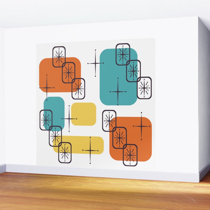 Mid Century Modern White Yellow Orange Blue Wall Mural Gallery Image 2