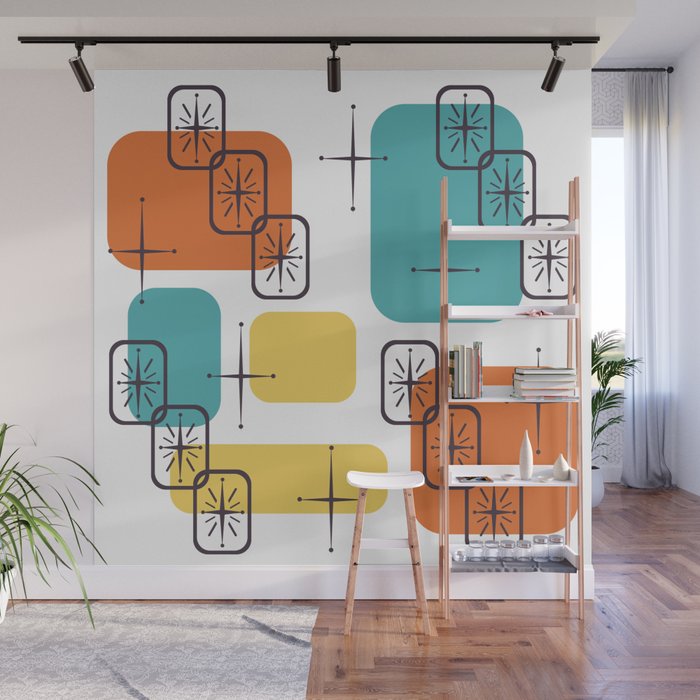 Mid Century Modern White Yellow Orange Blue Wall Mural Gallery Image 1