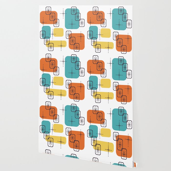 Mid Century Modern White Yellow Orange Blue Wallpaper Gallery Image 2