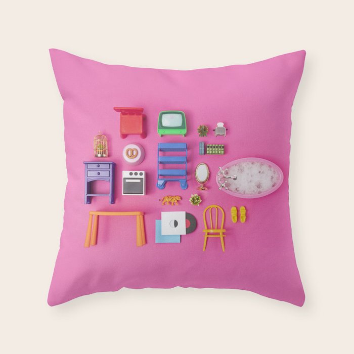 Dollhouse inventory / pink Throw Pillow Gallery Image 1