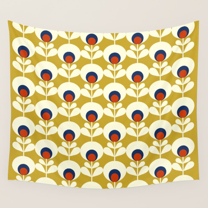 Flowers geometry mustard - retro pattern no3 Wall Tapestry Gallery Image 4