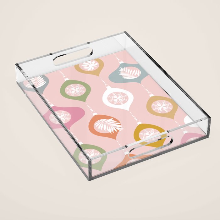 Retro Christmas Baubles Pattern on Pastel Pink Acrylic Tray Gallery Image 1
