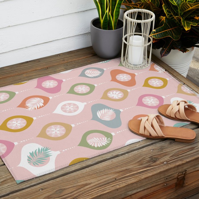 Retro Christmas Baubles Pattern on Pastel Pink Outdoor Rug Gallery Image 2