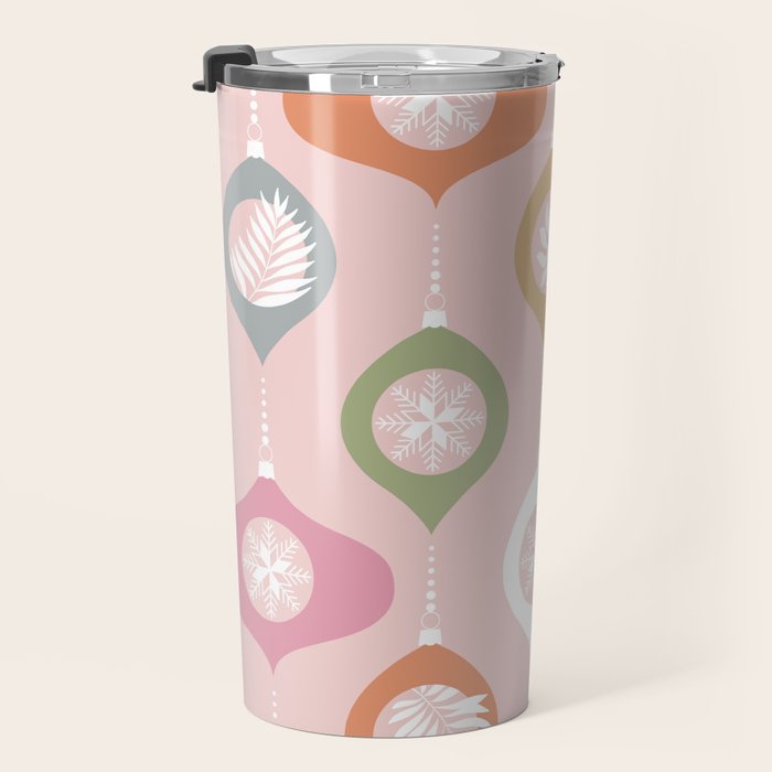 Retro Christmas Baubles Pattern on Pastel Pink Travel Mug Gallery Image 3