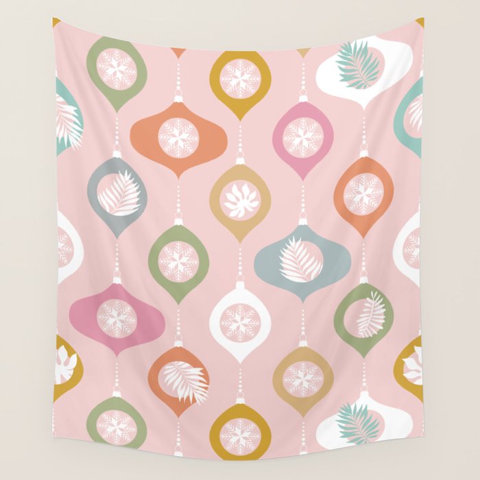 Retro Christmas Baubles Pattern on Pastel Pink Wall Tapestry Gallery Image 4