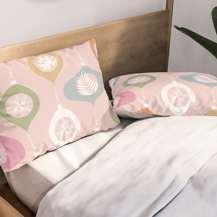Retro Christmas Baubles Pattern on Pastel Pink Pillow Sham Gallery Image 2