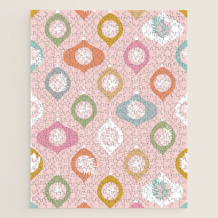 Retro Christmas Baubles Pattern on Pastel Pink Jigsaw Puzzle Gallery Image 1