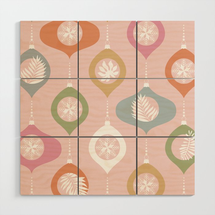 Retro Christmas Baubles Pattern on Pastel Pink Wood Wall Art Gallery Image 1