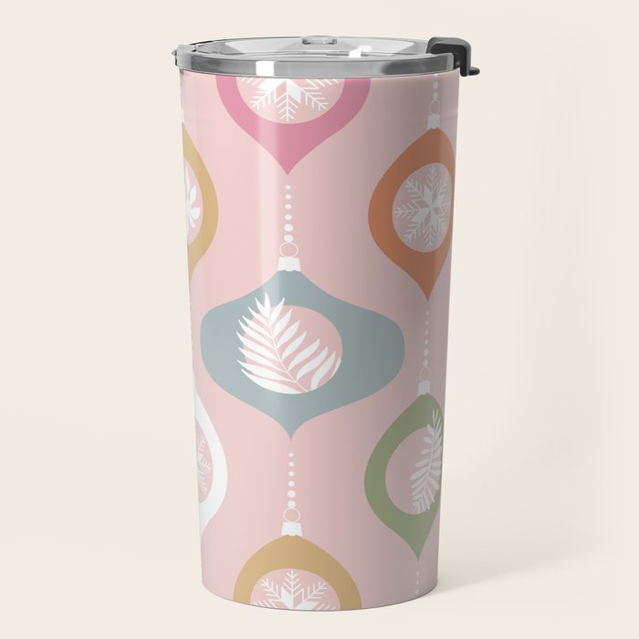 Retro Christmas Baubles Pattern on Pastel Pink Travel Mug Gallery Image 2